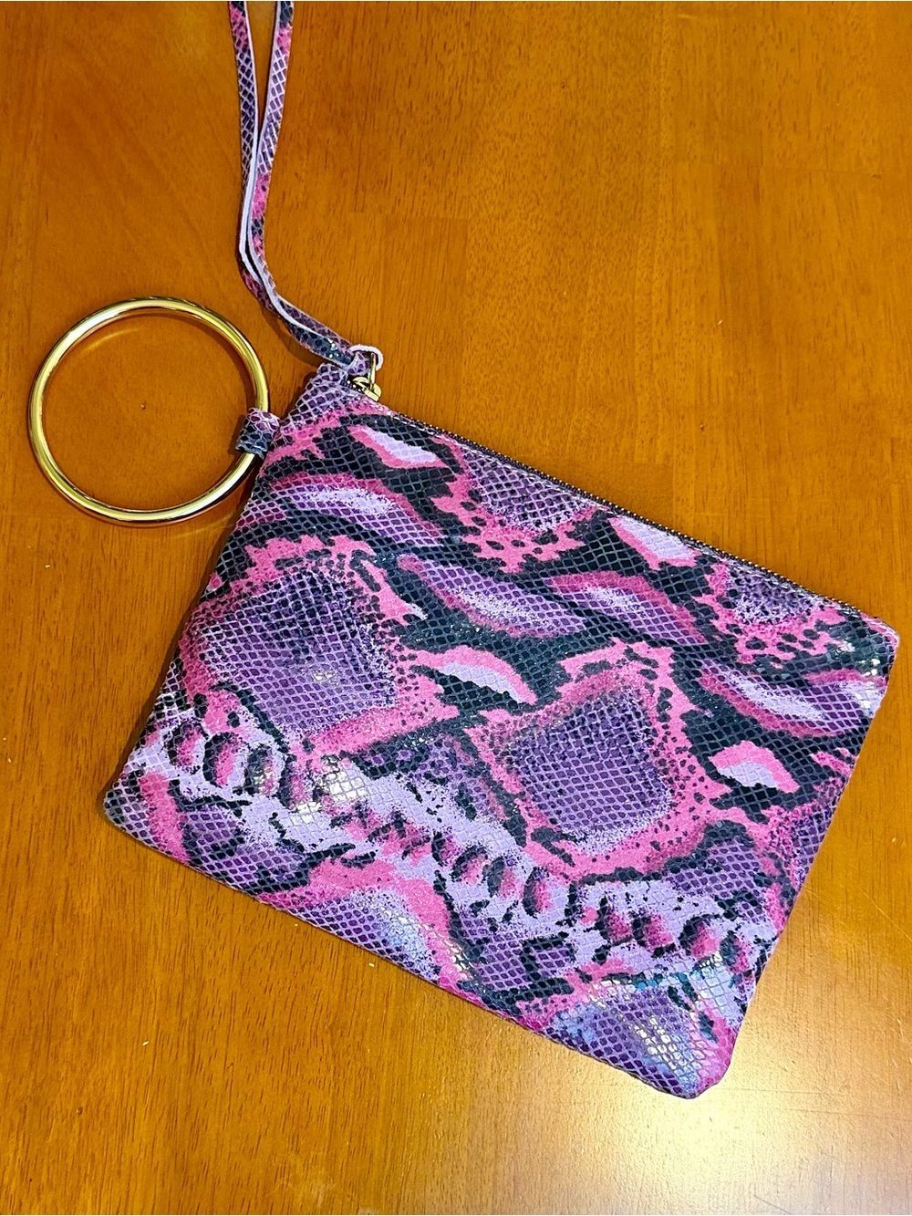 Pietro New York Pink Purple Snake Embossed Leather O-Ring Wristlet Clutch Bag